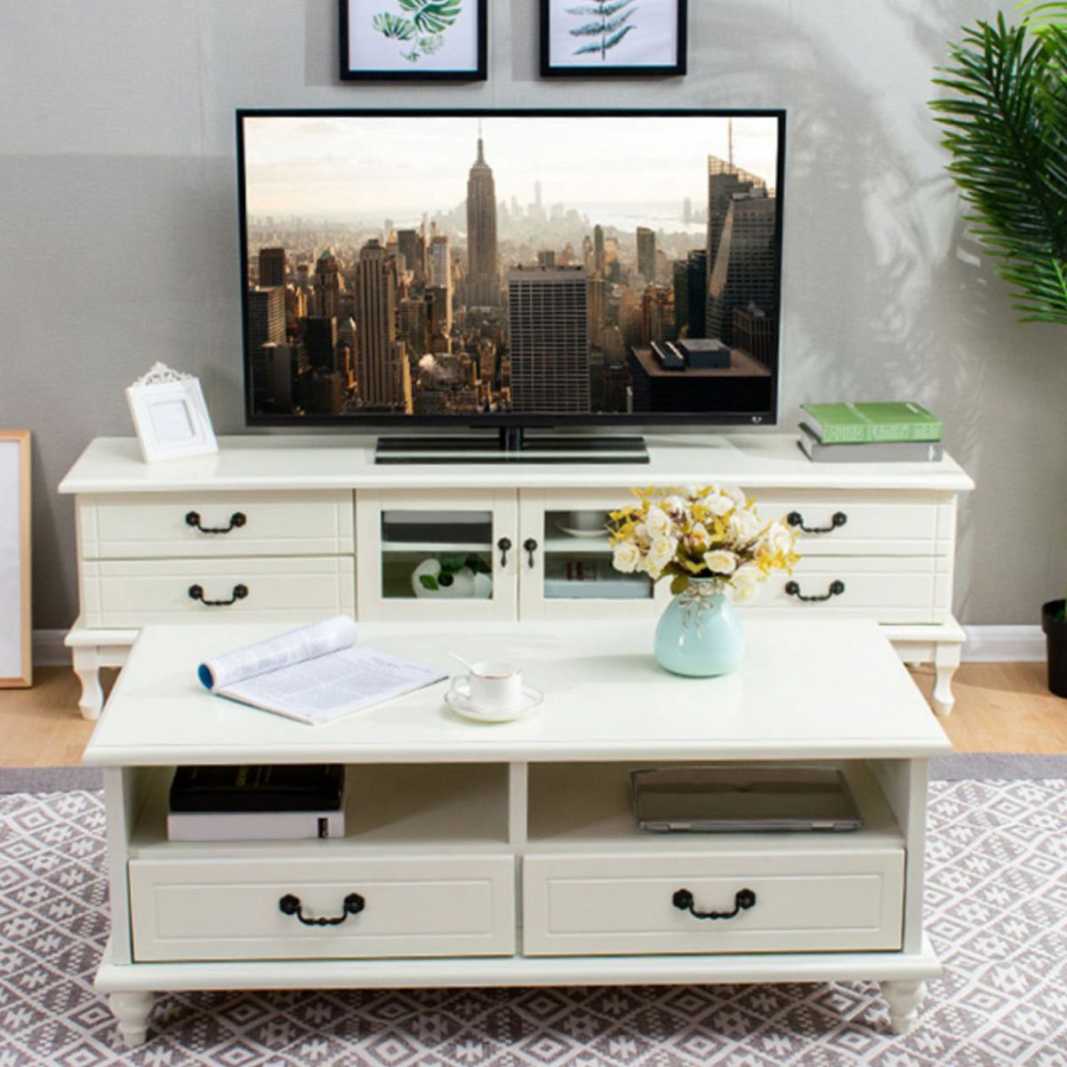 Traditional Solid Wood TV Stand 4-Drawer 19.7" H TV Console with Cabinet