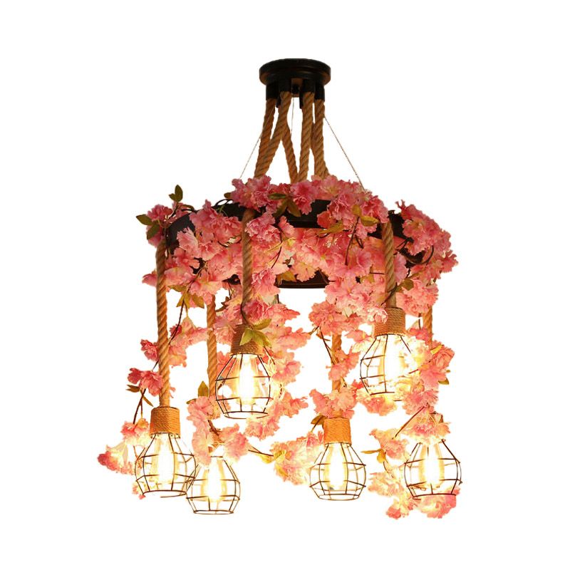 4/6 Lights Bare Bulb Cluster Pendant Antique Pink/Rose Red Metal LED Flower Hanging Lamp for Restaurant