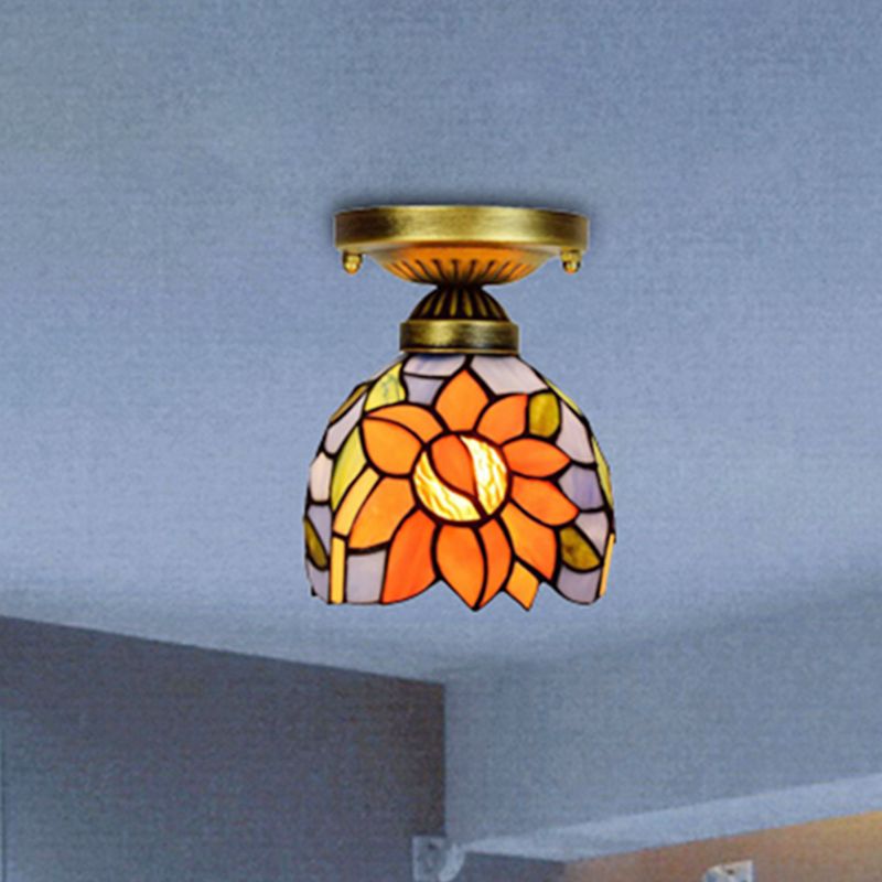 6 Inch Rustic Orange Ceiling Lamp Sunflower 1 Head Stained Glass Flush Ceiling Light for Corridor