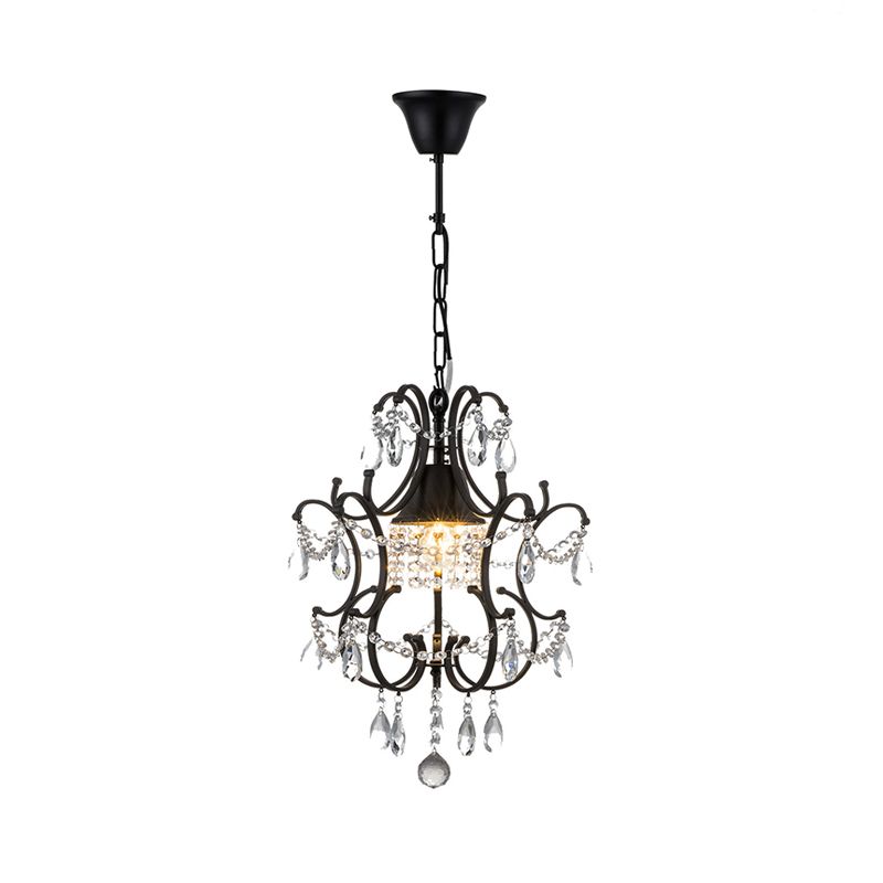 Lantern Pendant Light Fixture Vintage Iron Frame 1 Light Black Ceiling Light with Crystal Accent