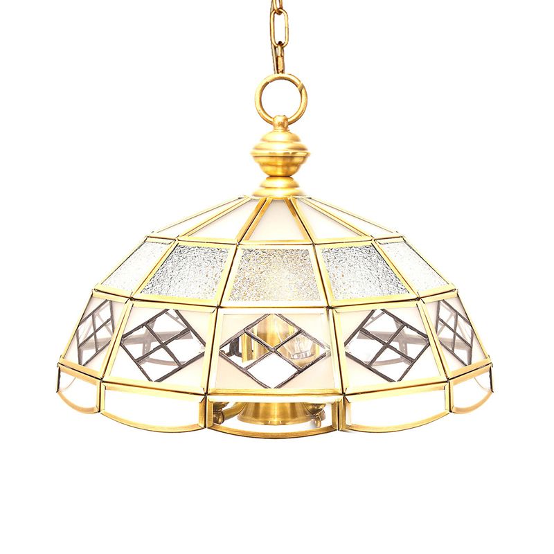 Brass Hemisphere Chandelier Colonial Frosted Glass 4 Bulbs Pendant Light Fixture for Living Room