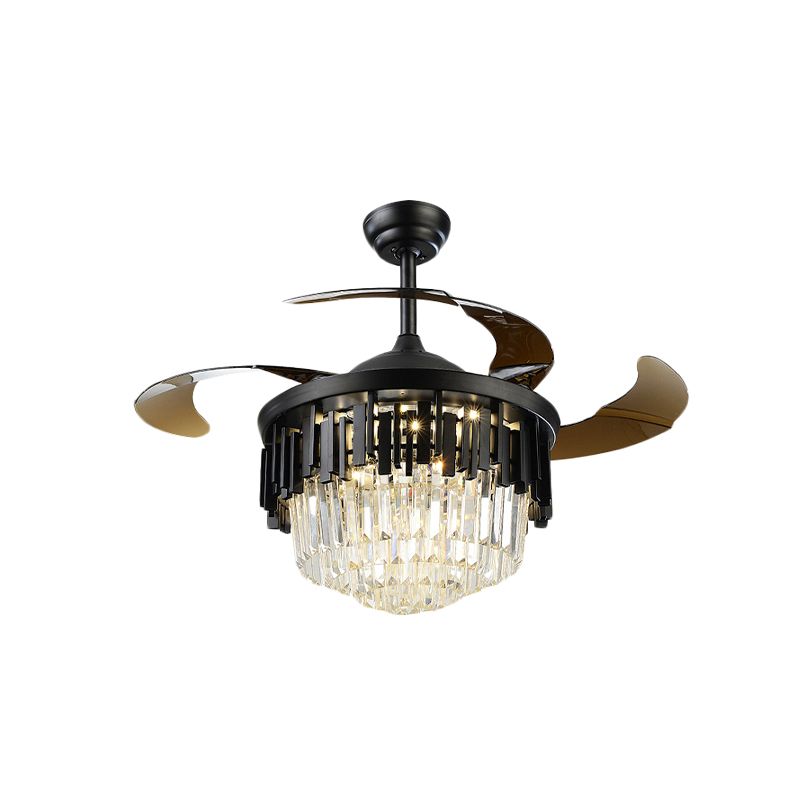 Black/Gold Layered Drum Fan Lamp Postmodern Crystal 3-Blade Dining Room LED Semi Flush Light, 19" Wide