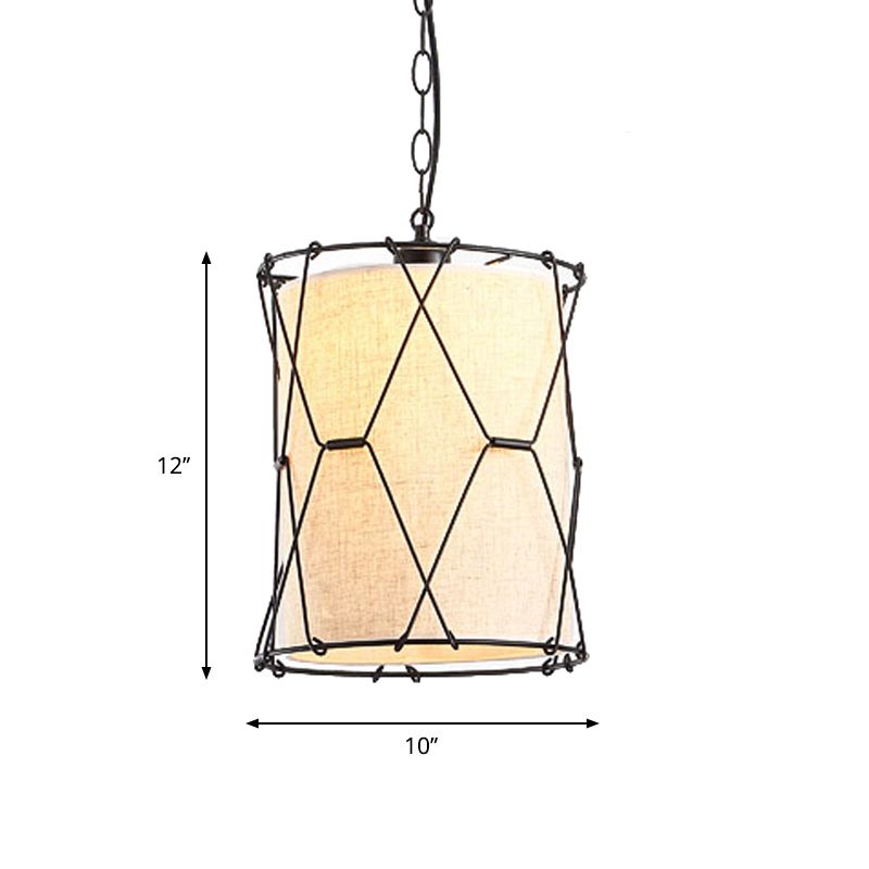 Metal Crossed Drum Cage Pendant Farmhouse 10"/16.5" W 1 Light Dining Room Hanging Light Fixture in Beige with Fabric Shade