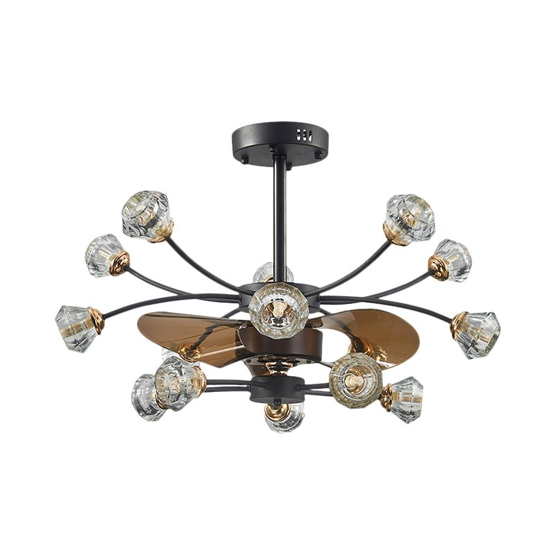 Zwart 14 lampen Semi Flush Light Traditional Crystal Diamond Shady Scrolls 3 Blades Hangdoekventilatorlamp, 31,5 "Breedte