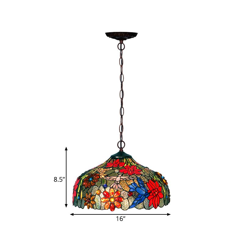 Petal Red/Yellow/Blue Cut Glass Chandelier Light Fixture 3 Lights Bronze Suspension Lighting for Dining Room