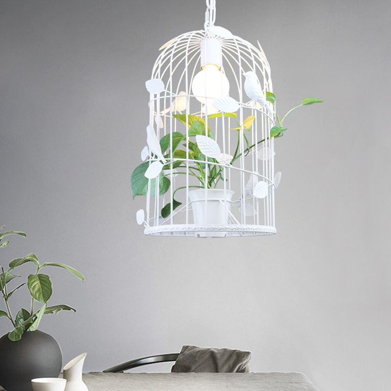 Vintage Bird Cage Ceiling Lamp 1 Bulb Iron Pendant Light in White with Potted Plant Design