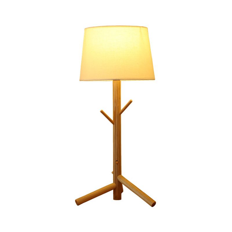 Nordic Tapered Drum Nightstand Light Fabric Single Bedroom Table Light with Tree Branch Rack in Wood