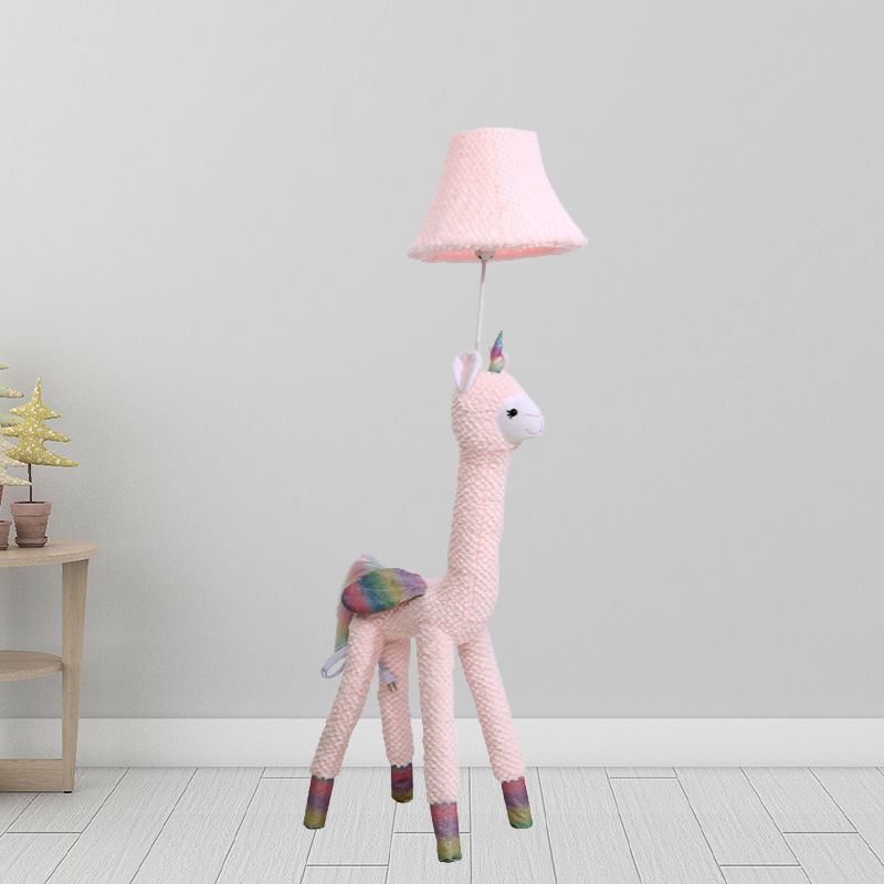 Kids 1-Light Reading Floor Lamp Pink Plush Alpaca Standing Floor Light with Fabric Shade