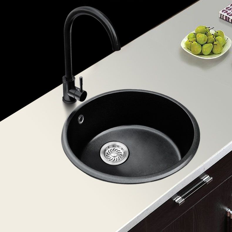 Round Granite Kitchen Sink in Black with Drain Assembly Undermount Sink