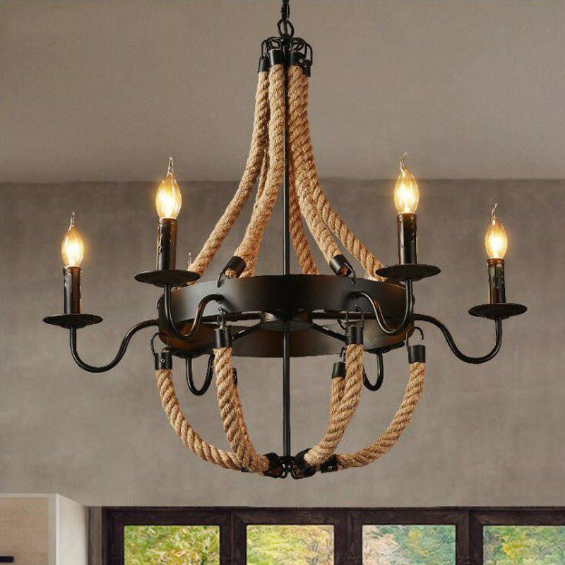 Rope Basket Chandelier Light Fixture Farmhouse 6/8 Bulbs Living Room Ceiling Pendant in Brown