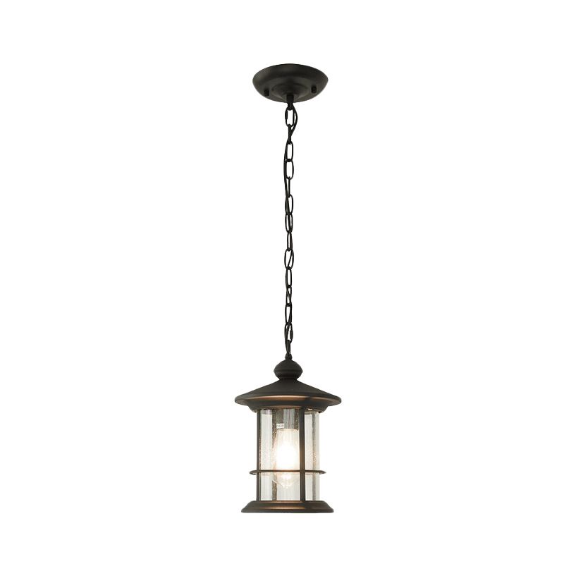 Lodge Lantern Hanging Pendant 1-Bulb Clear Glass Ceiling Suspension Lamp in Black for Balcony