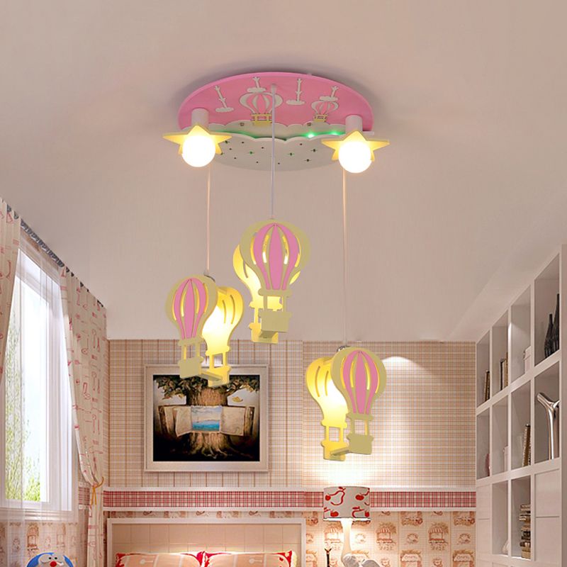 Hot Air Balloon Semi Flush Cartoon Wooden 5 Bulbs Pink/Blue Ceiling Flush Mount Light for Nursery