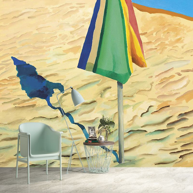 Art Deco Beach Umbrella Mural Wallpaper Yellow-Blue Moisture Resistant Wall Covering for Accent Wall