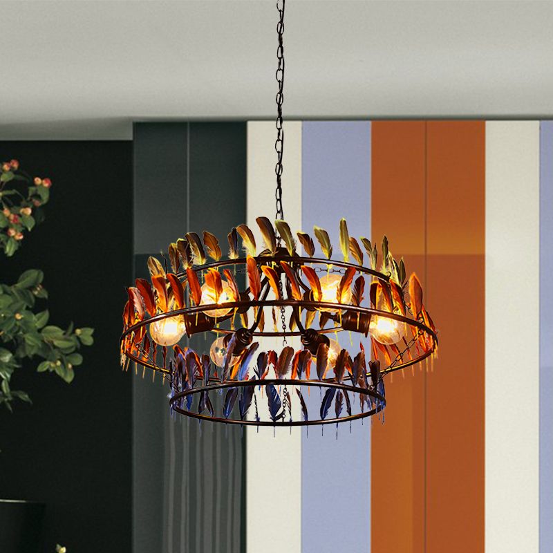 6 Bulbs Hanging Lighting Art Deco Feather Metallic Chandelier Pendant Lamp in Red and Blue