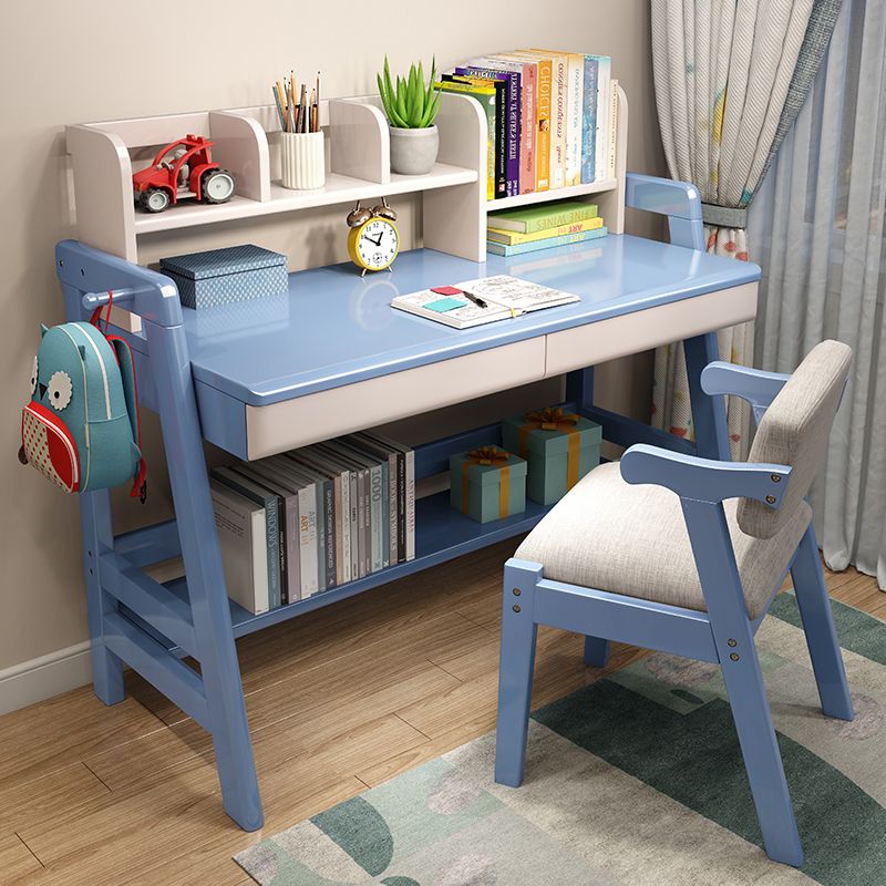 Adjustable Study Desk Rubber Wood Children's Desk with Storage Shelves