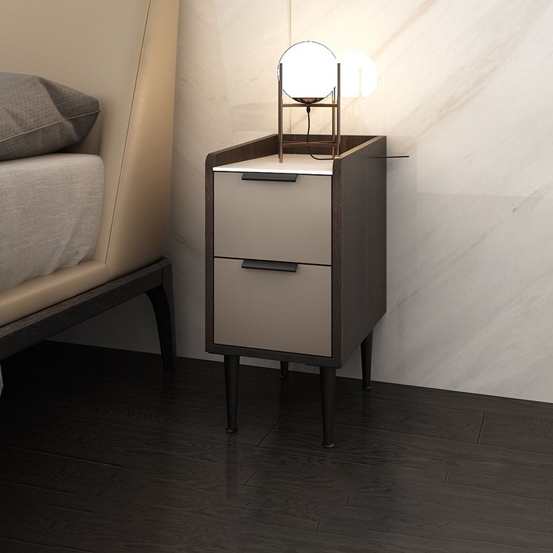 Espresso Wood and Off-White Night Table  Modern Stone and Pearl Wood Bedside Cabinet