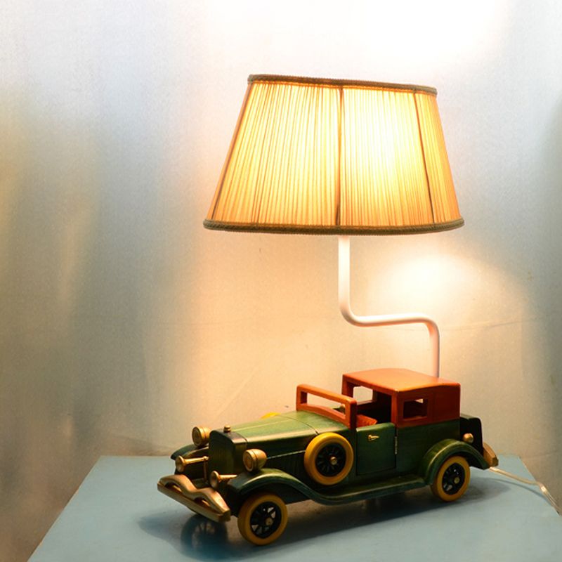 Fabric Drum Nightstand Light Kids 1 Bulb Blue Night Table Lamp with Car Pedestal for Boys Bedroom