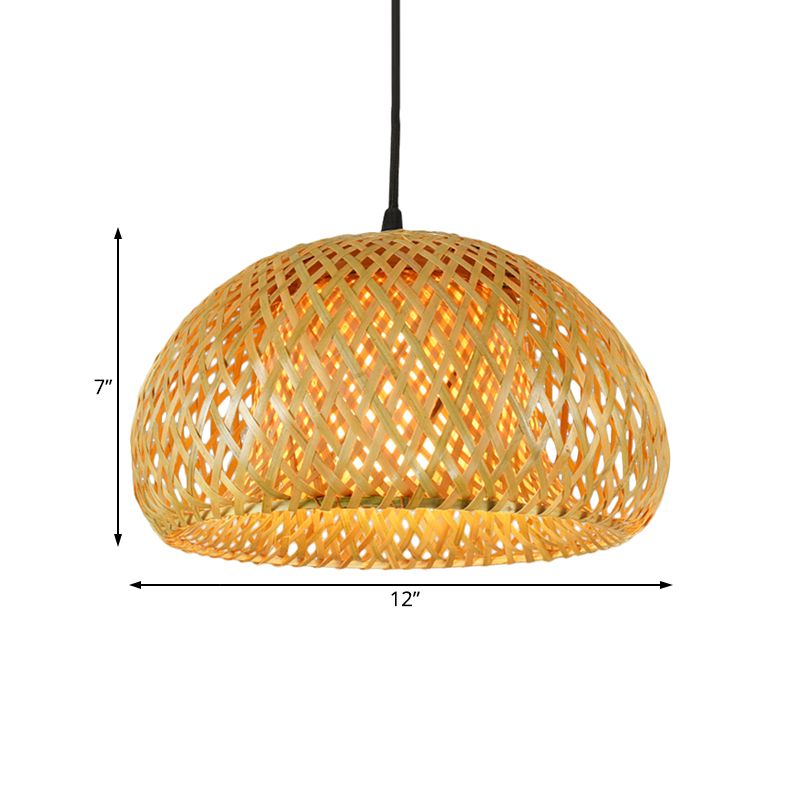 Double-Decker Dome Shade Hanging Pendant Rustic Bamboo 1 Light Hanging Lamp for Farmhouse Restaurant