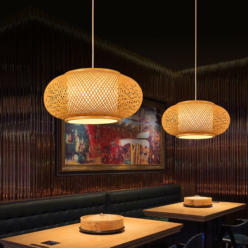 Luminaires d'éclairage pendentif chinois rotin léger au rotin avec cordon suspendu pour le restaurant