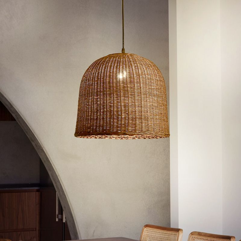 Farmhouse Natural Rattan Ciondolo illuminazione a 1 luce Sala da pranzo a sospensione in marrone