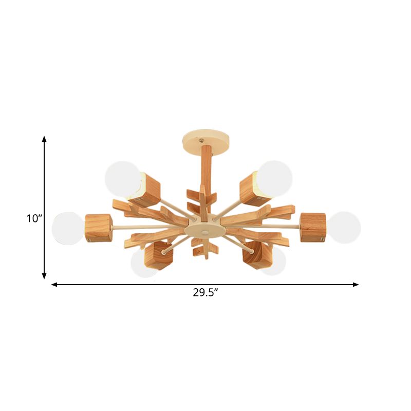 Nordic Starburst Semi Flush Light Wood 3/6 Heads Living Room Ceiling Mount Chandelier with Exposed Bulb Design