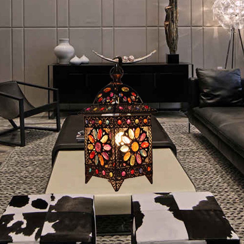 1-Light Stained Art Glass Table Light Bohemian Antiqued Black House Shaped Living Room Night Lamp