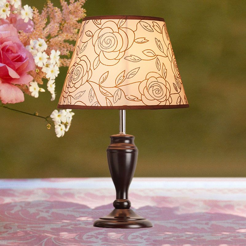 Brown 1 Head Table Light Rural Fabric Tapered Shade Nightstand Lamp with Flower/Slash/Geometric Pattern