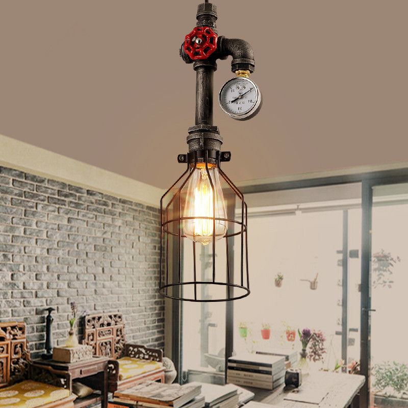 Metal Wire Cage Hanging Light Fixture Industrial Restaurant Ceiling Pendant Light in Black