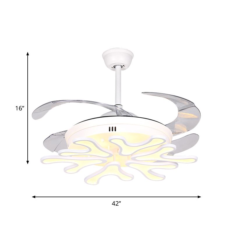 Hedendaagse bloei hangerse ventilatorlamp ijzer woonkamer led semi -spoelplafondlicht met 4 heldere messen in wit, 42 "breedte