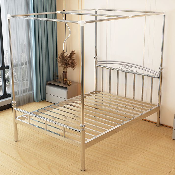 Scandinavian Metal Bed Silver Panel Bed with Open Frame Headboard