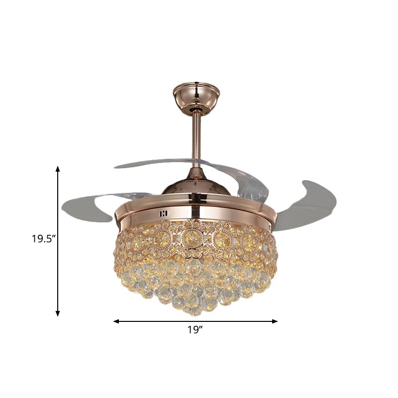 19 "W Cascading Semi Flush Lighting eenvoud afgeschuind kristal Great Room Led Hangende ventilatorlamp in roségouden, 4-blade