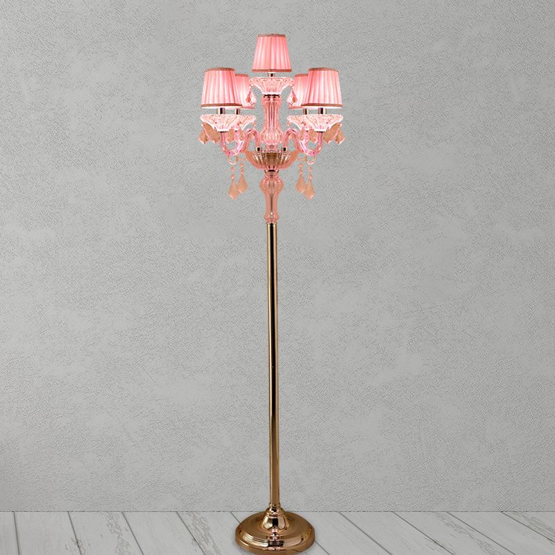 Crystal Pink Floor Reading Lamp Candlestick 5/6/7-Head Traditional Standing Light with Pleated Lampshade