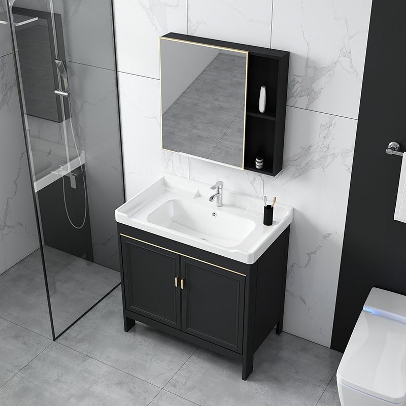 Modern Metal Sink Cabinet Mirror Wall-Mounted Bathroom Vanity Cabinet in Black