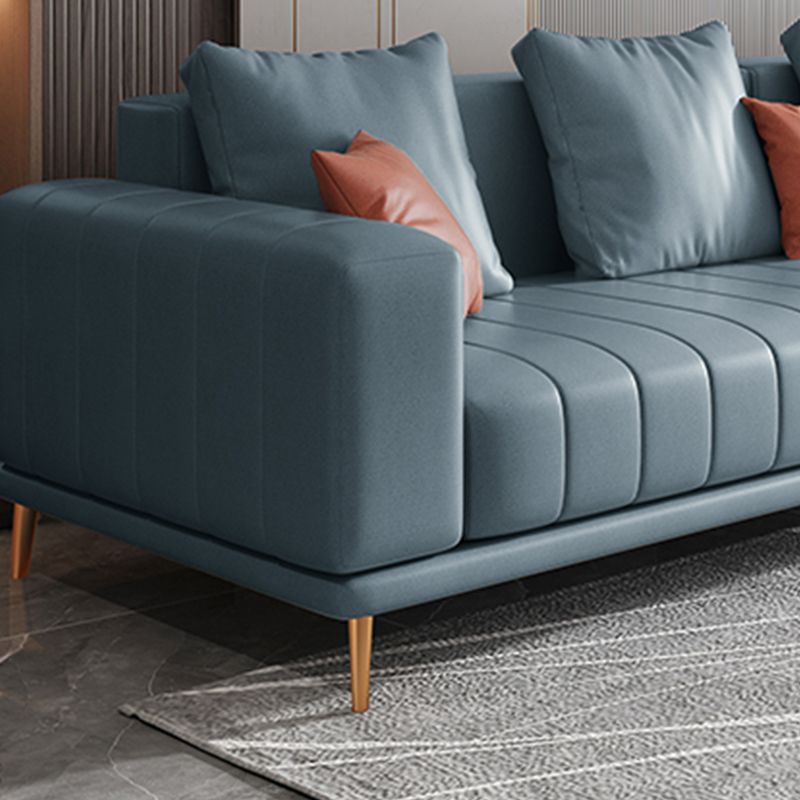 Blue Faux Leather Square Arm Contemporary Sofa with Stain Resistant and Slipcovered