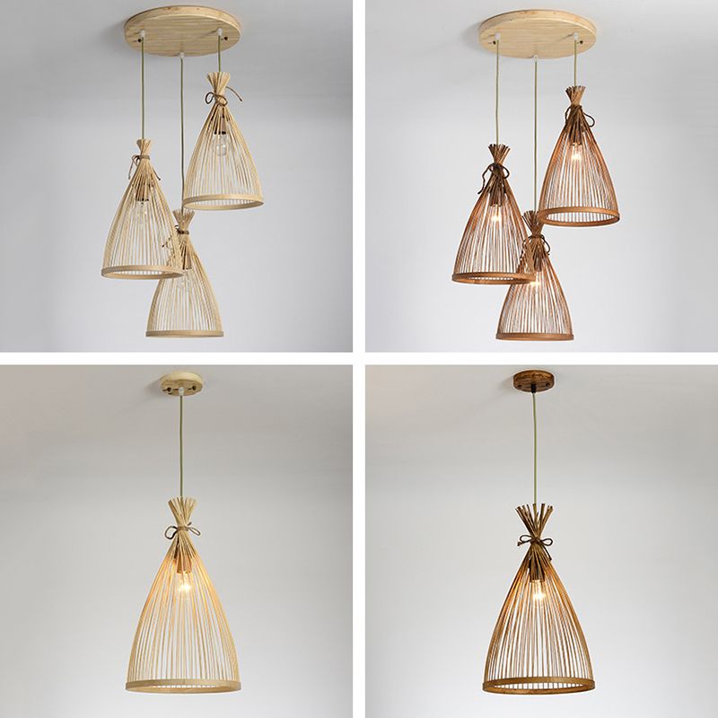 Chinese Conical Pendant Lighting Fixtures Rattan Hanging Light with Hanging Cord for Restaurant