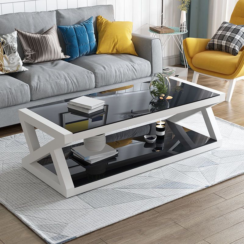 17.7" Tall Modern Trestle Base Glass Rectangular Coffee Table with Shelf