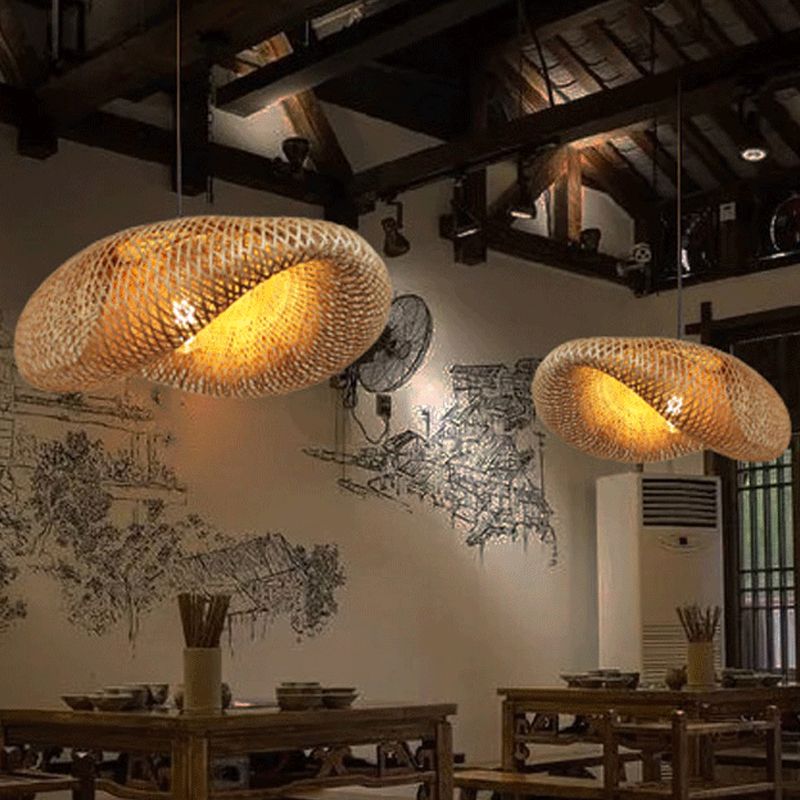 Shaded Restaurant Hanging Ceiling Light Bamboo Asia Style Pendant Ceiling Light in Beige