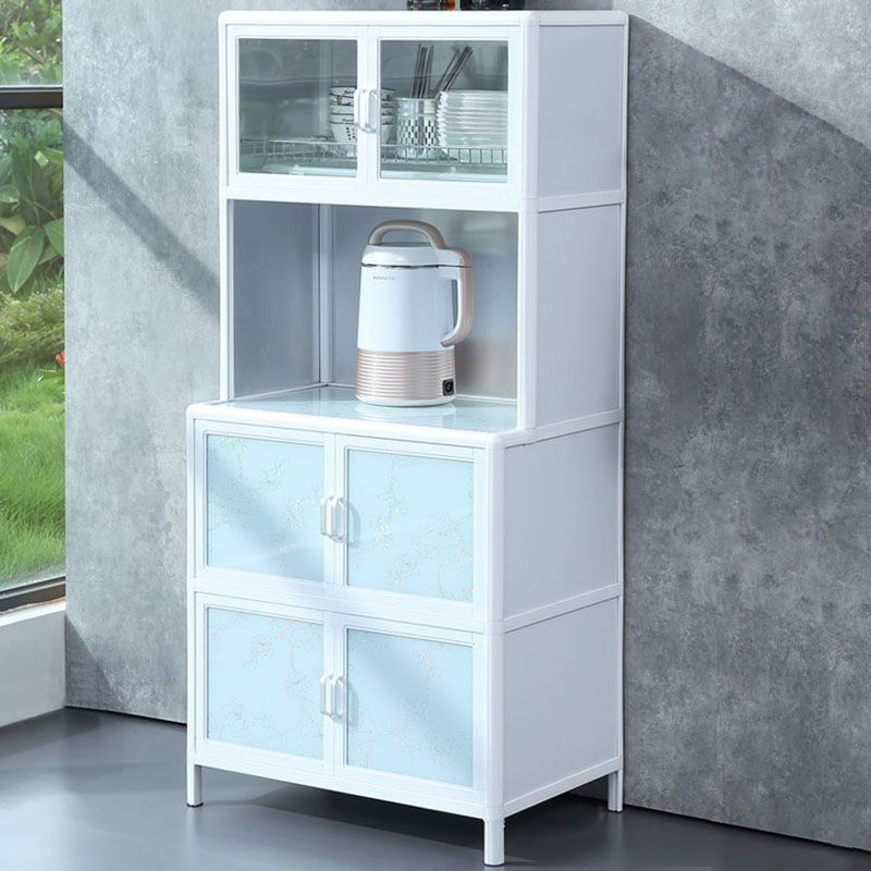 Kitchen White Metal Buffet/Console Glass Doors Cabinet Open Storage Buffet