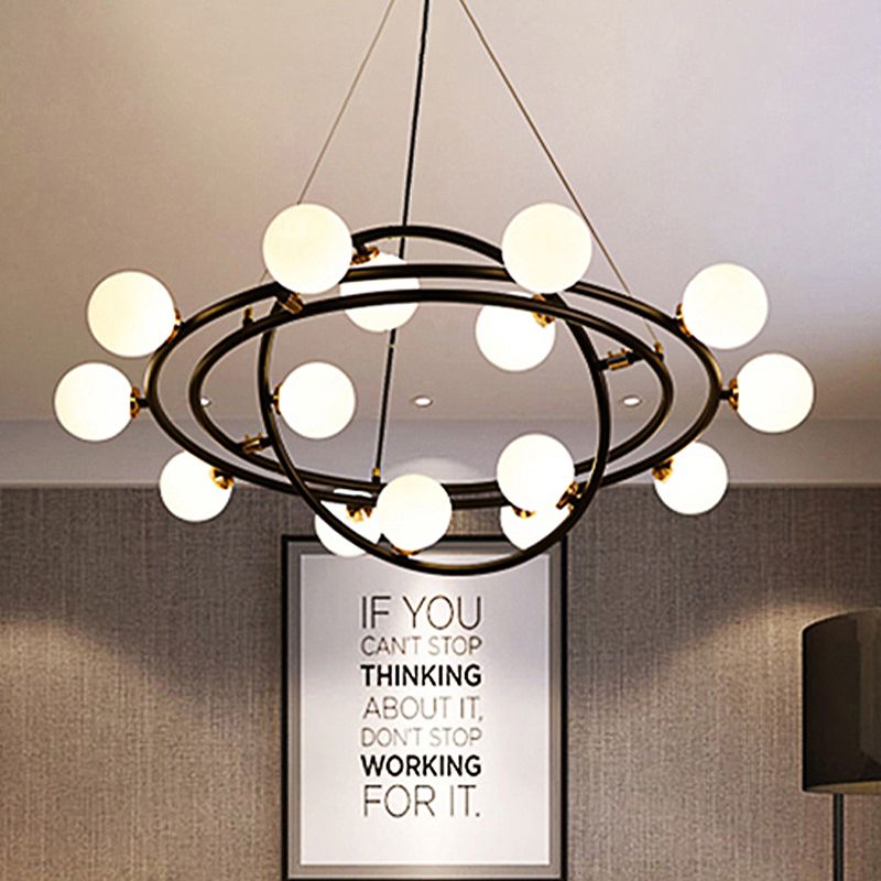 Contemporary Style 9/12/15 Lights Chandelier Black Round Suspension Light with Opal Glass Shade