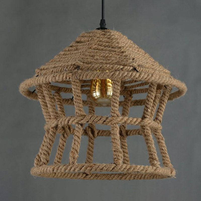 1 Head Suspension Lighting Retro House Shaped Hemp Rope Pendant Ceiling Light in Brown