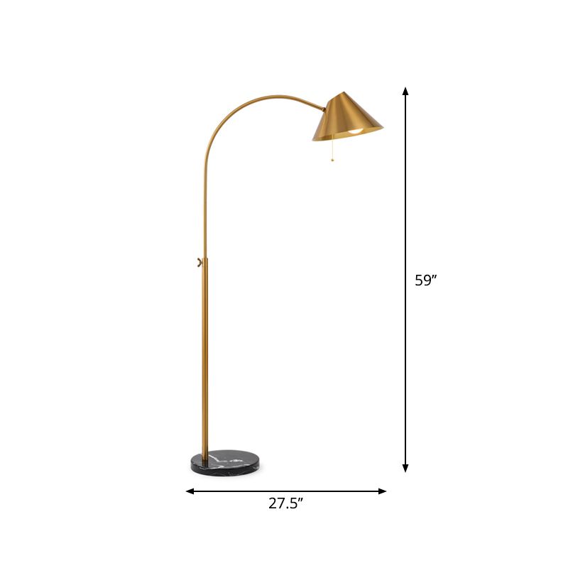 Gold Cone Adjustable Floor Reading Lamp Postmodern Single Metal Gooseneck Floor Light with Pull Chain