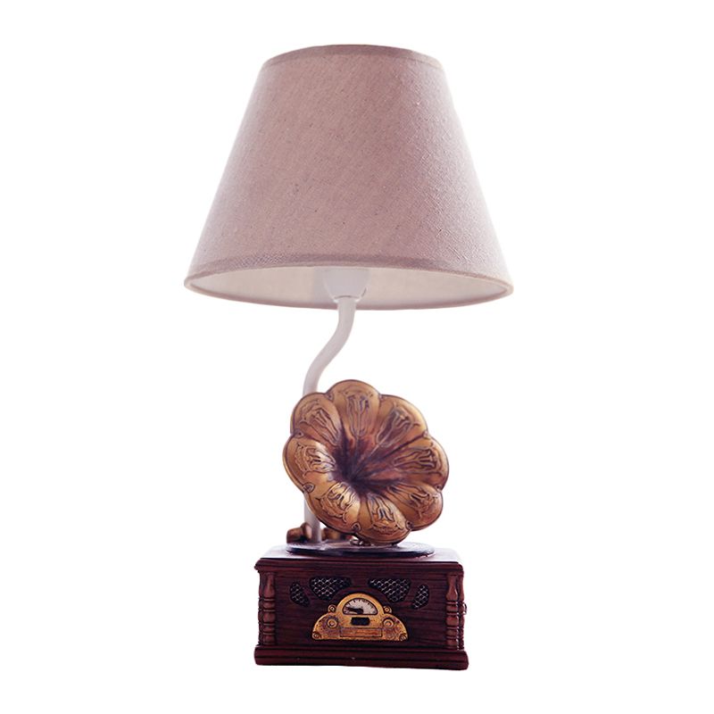 Modern Conical Table Light Fabric 1 Light Study Room Reading Lamp with Phonograph Base in Brown