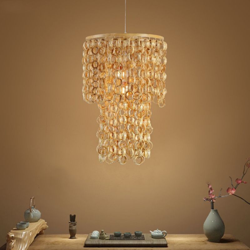 16"/19.5" Wide Tassel Bamboo Drop Pendant Chinese Single Light Beige Hanging Lamp for Dinging Room Restaurant