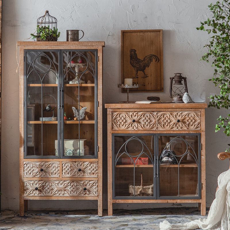 Distressed Brown Drawers Included Cabinet Glass Paned Wood & Iron Accent Cabinet