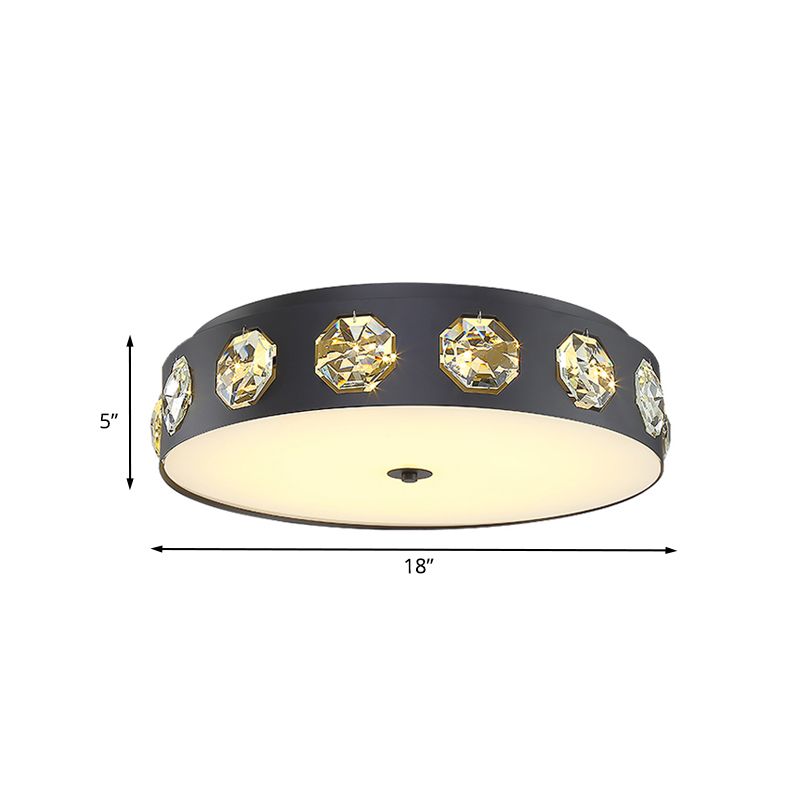 Black LED Light Fixture Ceiling Contemporary Inserted Crystal Drum Flush Mount Spotlight