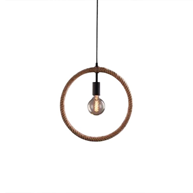 Roped Geometric Frame Pendulum Light Minimalist Single Dining Room Pendant Light Fixture in Brown