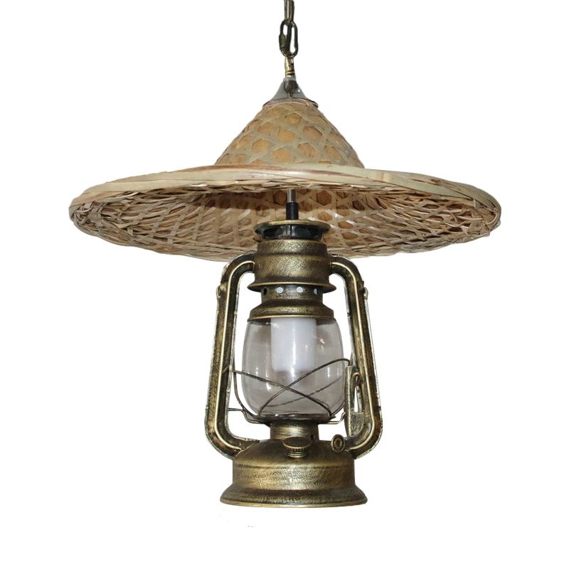 Black / Bronze / Copper Kérosène Pendant Verre transparent rustique 1 Plafond de tête Lumière avec coolie Hat déco