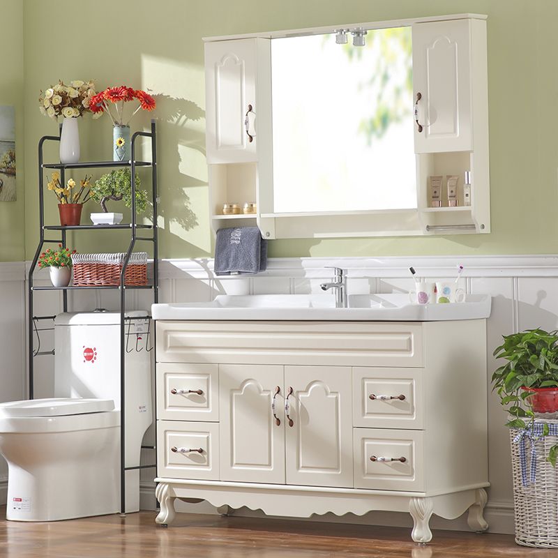 Freestanding Bathroom Vanity Single Sink White Mirror 2 Doors Vanity with Drawers