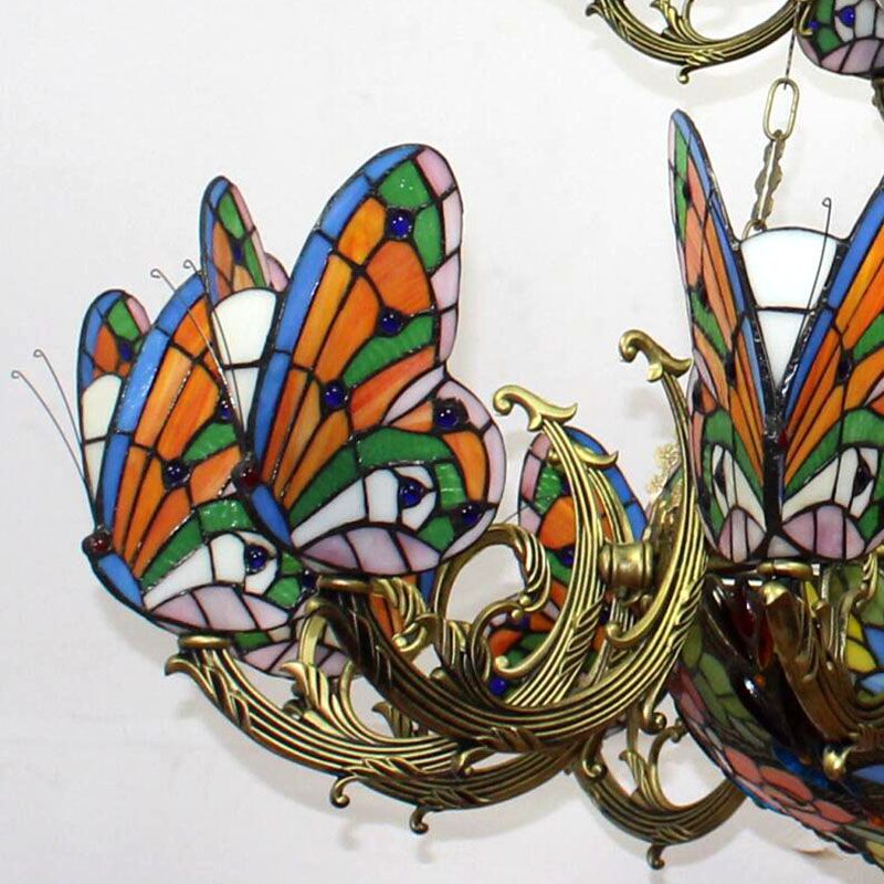 Multi-Colored Butterfly Chandelier with Flower Tiffany Exquisite Glass Pendant Light for Living Room