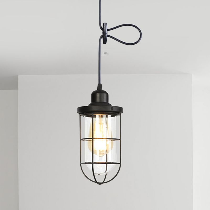 1 Light Hanging Ceiling Light Antiqued Cage Clear Glass Pendant Lamp Fixture in Black with Adjustable Cord